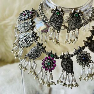 Vintage Oxidized Silver Tone Multi-Colored Stones & Pearl Beads Set